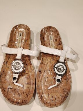 Dana Buchman White Cork-Effect Toe-Post Sandals with Silver Medallion WM